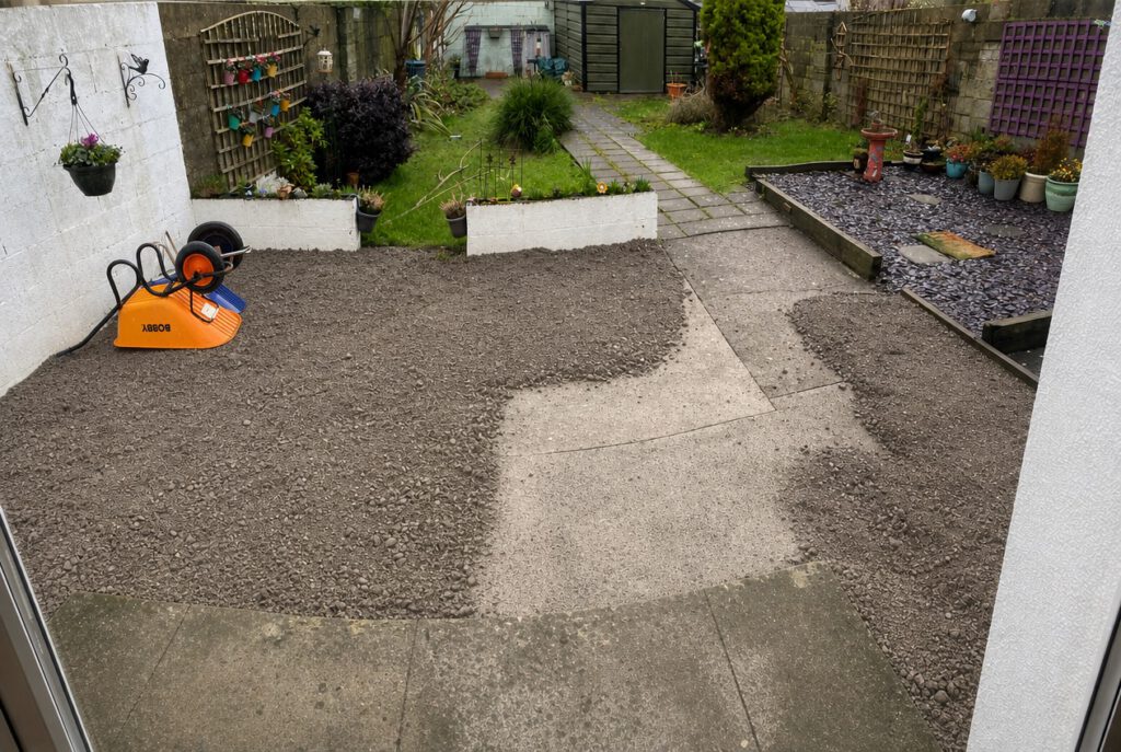 Before β a garden with a large, awkward step down from the house in Skerries